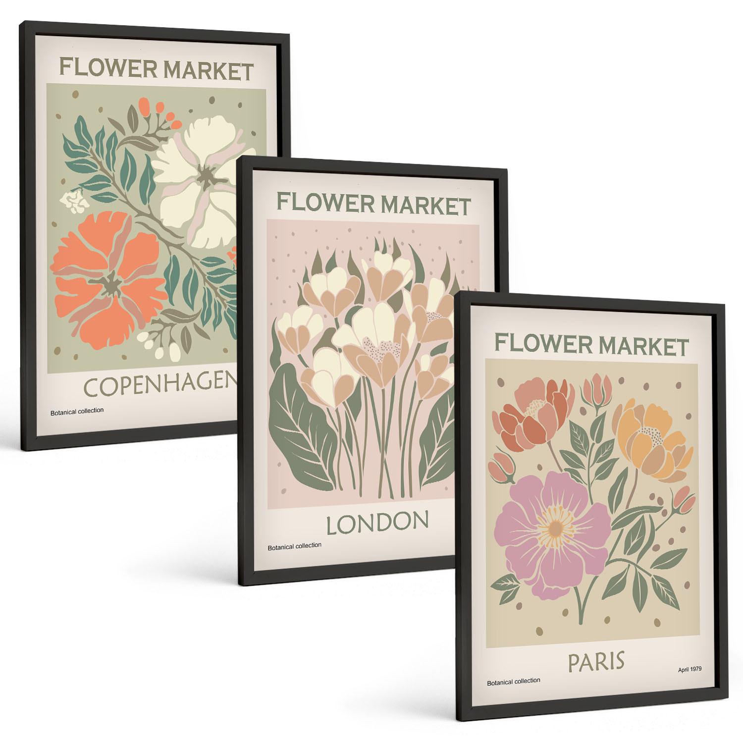 BILDER SET 3er Set - 40x60 cm Schwarzer Rahmen - Blumenposter Kopenhagen London Paris - Schwarz, Kunststoff (40/60cm) - TULUP