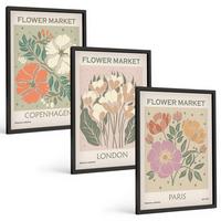 BILDER SET 3er Set - 40x60 cm Schwarzer Rahmen - Blumenposter Kopenhagen London Paris - Schwarz, Kunststoff (40/60cm) - TULUP