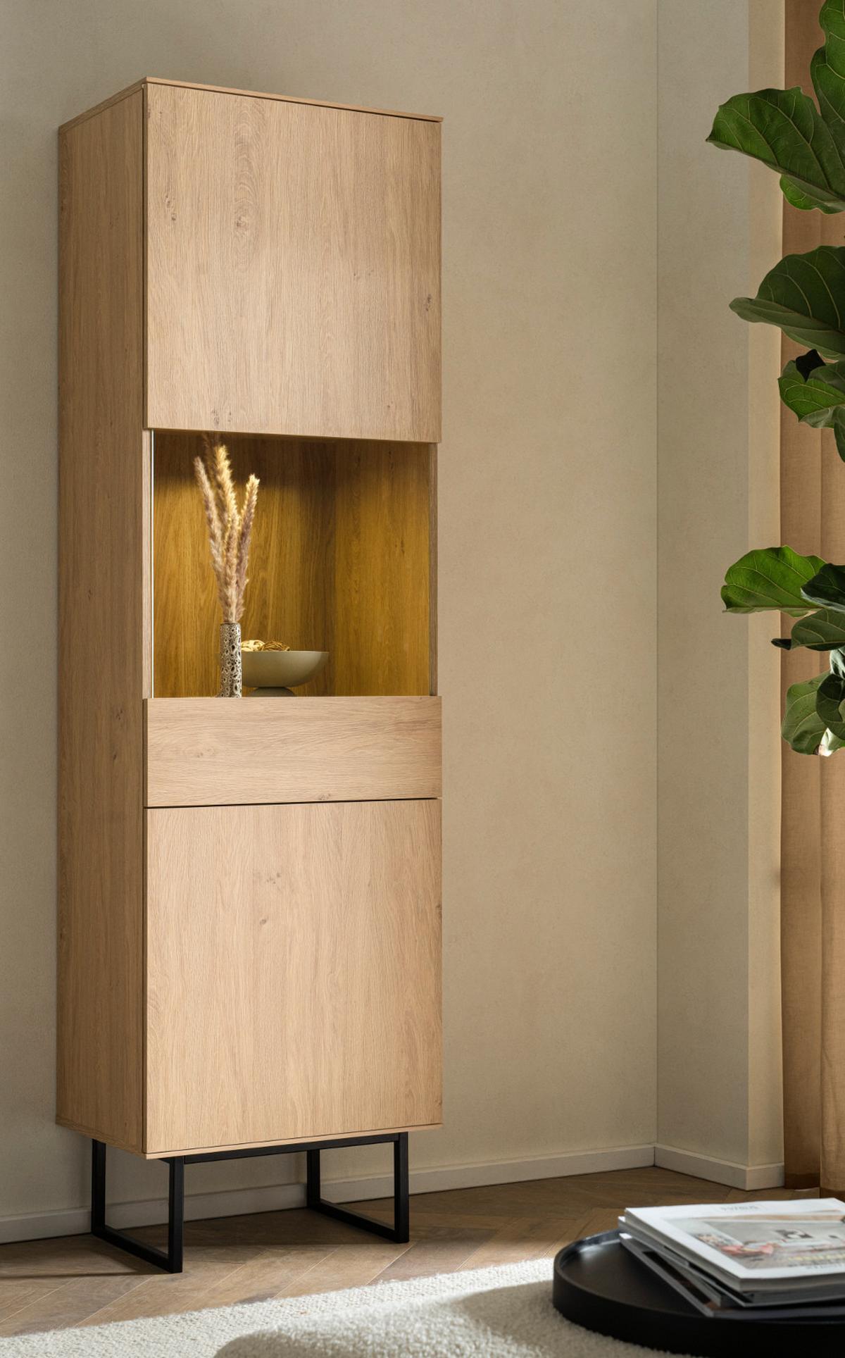 VITRINE Stone Eiche, Vitrinenschrank 58 x 200 cm, mit Push-to-Open - Eichefarben/Schwarz, Holzwerkstoff/Metall (58/200/40cm) - Furn.Design