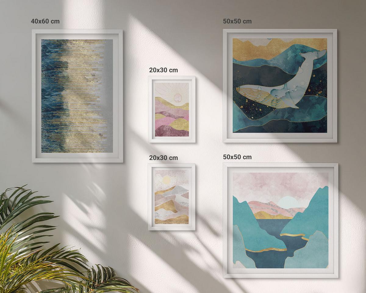 BILDER SET 5er Set - 50x50 cm & 20x30 cm & 40x60 cm Weißer Rahmen - Abstrakte Berge Sonne - Weiß, Kunststoff (40/60cm) - TULUP