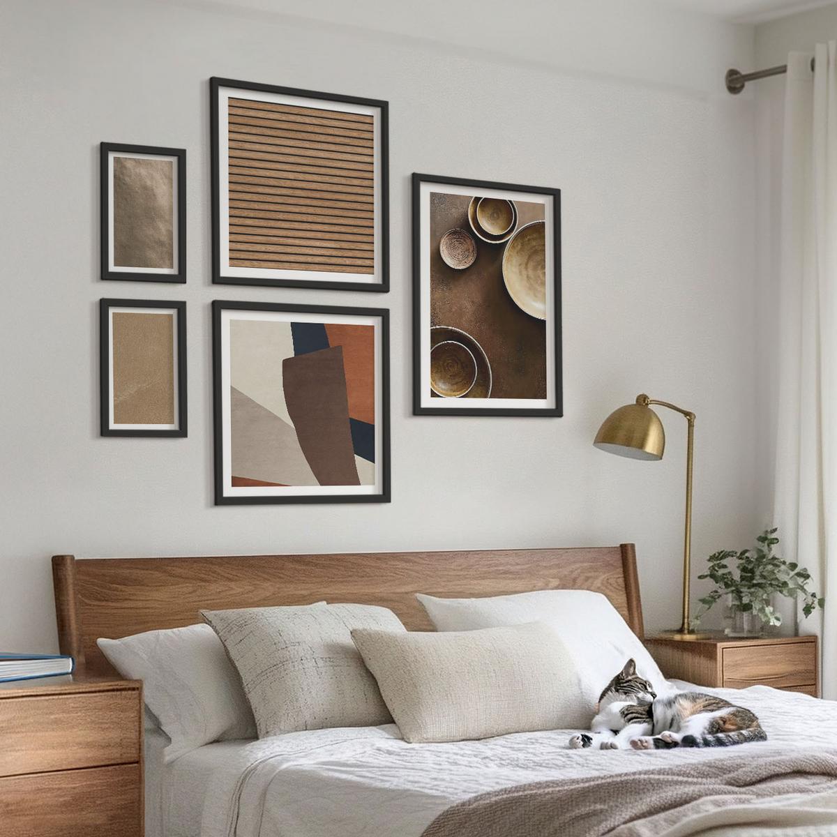 BILDER SET 5er Set - 50x50 cm & 20x30 cm & 40x60 cm Schwarzer Rahmen - Moderne Steinstrukturen - Schwarz, Kunststoff (40/60cm) - TULUP