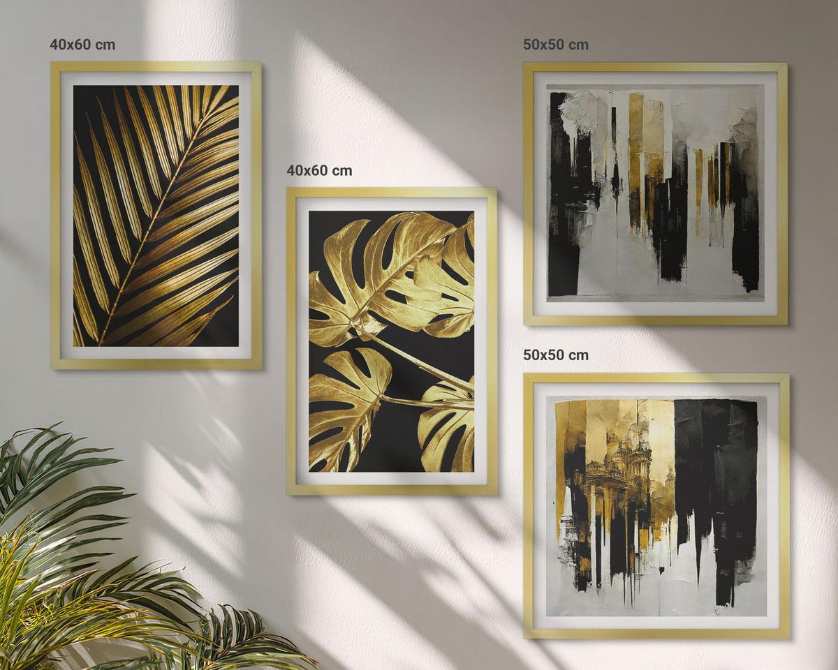 BILDER SET 4er Set - 50x50 cm & 40x60 cm Goldrahmen - Abstrakte Monstera-Palmenblätter - Goldfarben, Kunststoff (50/50cm) - TULUP