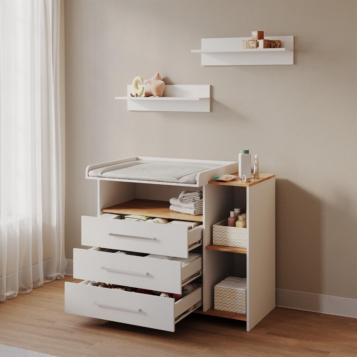 WICKELKOMMODE Torino Weiß/Goldkraft Eiche mit 3 Schubladen - Honigeiche/Weiß, Holzwerkstoff (113/93/53.1cm) - Livinity®