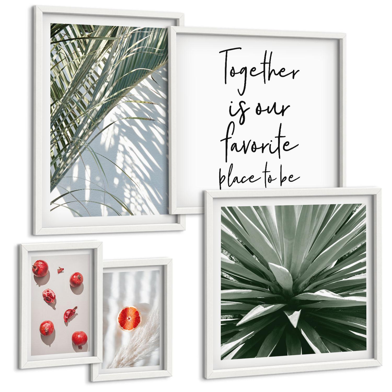 BILDER SET 5er Set - 50x50 cm & 20x30 cm & 40x60 cm Weißer Rahmen - Feiertags-Palmenfrucht-Inschrift - Weiß, Kunststoff (40/60cm) - TULUP