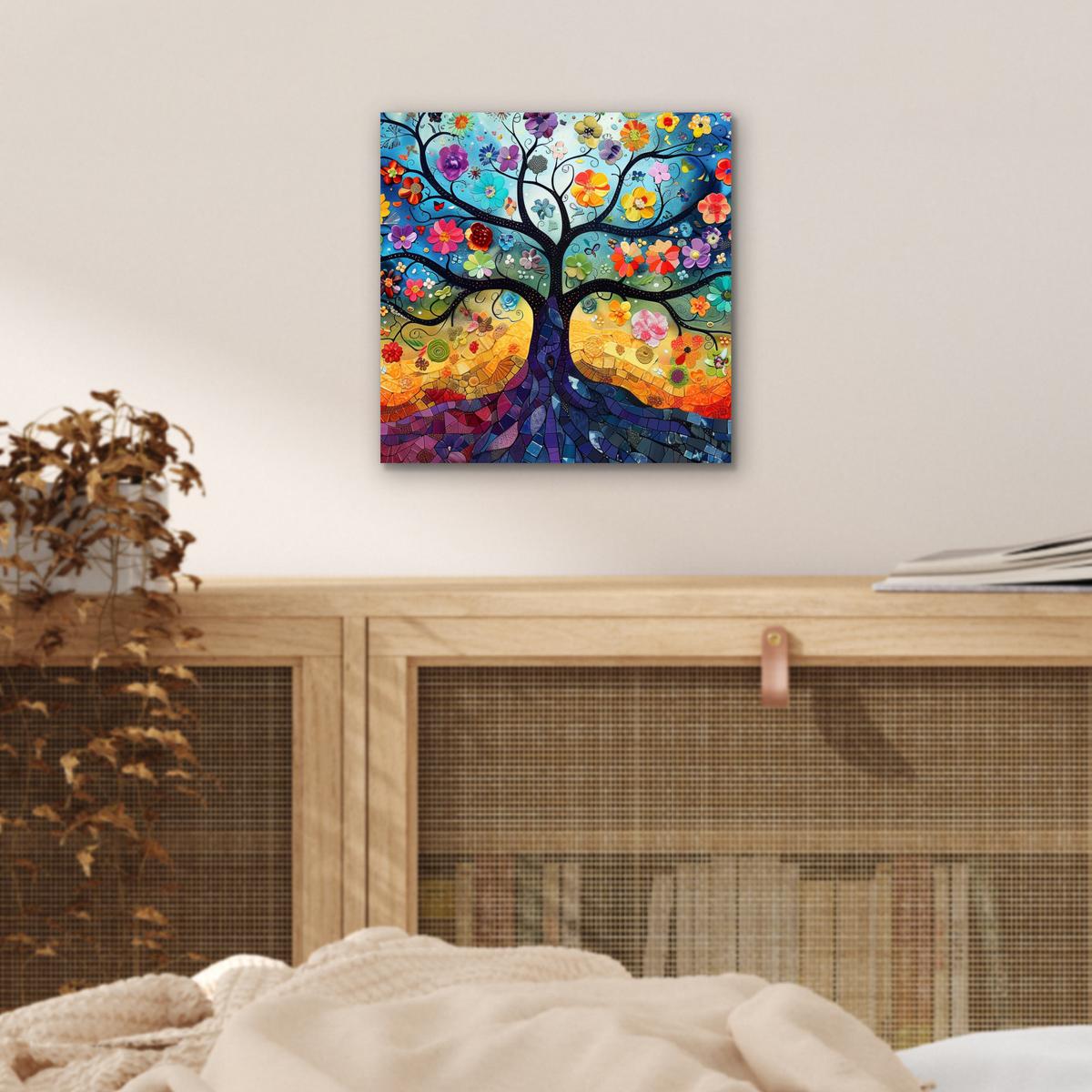 METALLBILD Kunst - Baum des Lebens - Blumen - Hippie 20x20 cm - Dunkelblau, Metall (20/20cm) - MuchoWow