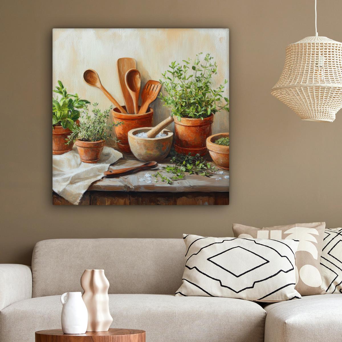 LEINWANDBILD Töpfe - Kräuter - Holz Deko Groß 90x90 cm - Terracotta, Textil (90/90cm) - MuchoWow