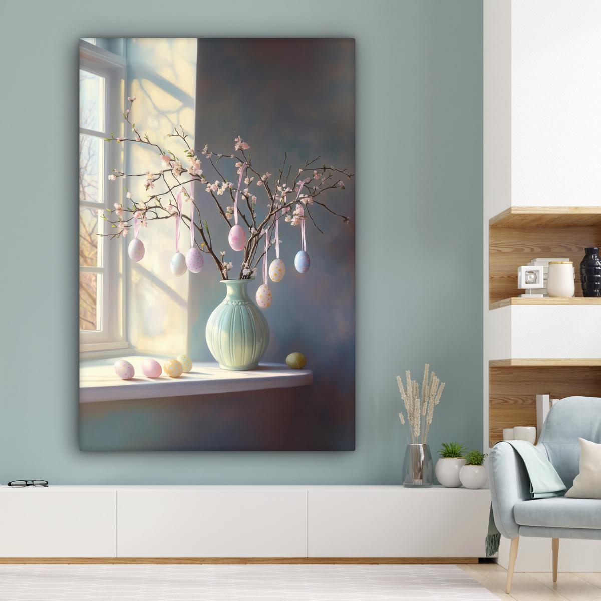 LEINWANDBILD Stillleben - Vase - Osterzweig Deko Groß 90x140 cm - Hellblau, Textil (90/140cm) - MuchoWow