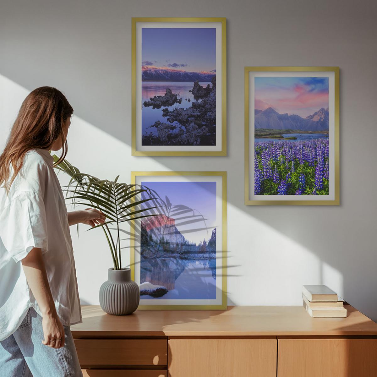 BILDER SET 3er Set - 40x60 cm Goldrahmen - Berglandschaften mit Wasser und Himmel - Goldfarben, Kunststoff (40/60cm) - TULUP