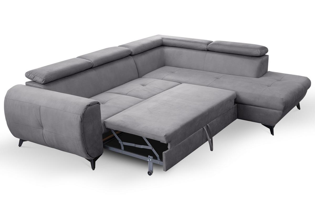ECKSOFA MAGIA R-S Grau Plüsch-Stoff mit Schlaffunktion - Grau, Holz (260/217cm) - MASSENO