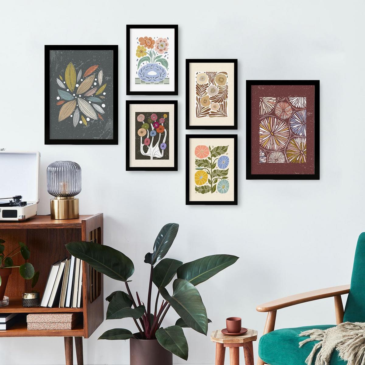 POSTER Set Mit 6 Drucken Von Blumen Im Ethnischen Drucke Sammlung Ästhetische Dekorative Rahmen Für Zuhause Wandkunstdruck A3 & A4 Schwarzer Rahmen - Schwarz, Papier (29/3cm) - Nacnic