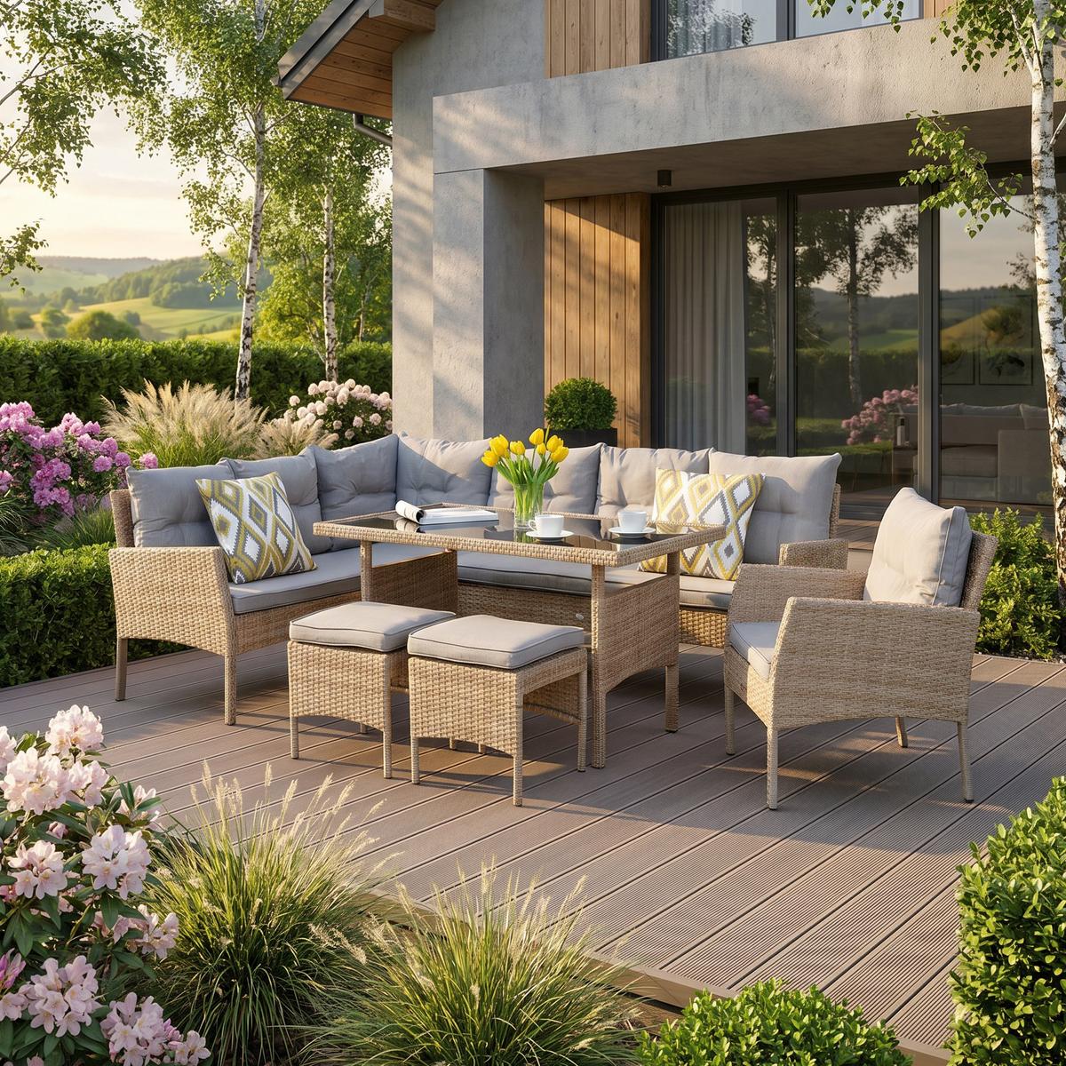 GARTENSET Calista, Technorattan, 2 Ecksofas + Sessel + 2 Hocker + Esstisch, für 7 Personen - Beige, Kunststoff - Beautysofa