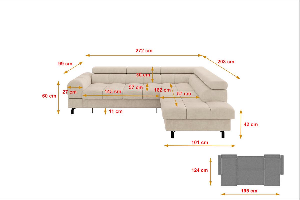 ECKSOFA mit Schlaffunktion Ottomane Rechts LUMA-L 272x203x70 Beige Velours - Sandfarben/Schwarz, Holzwerkstoff/Kunststoff (203/272cm) - ALTDECOR
