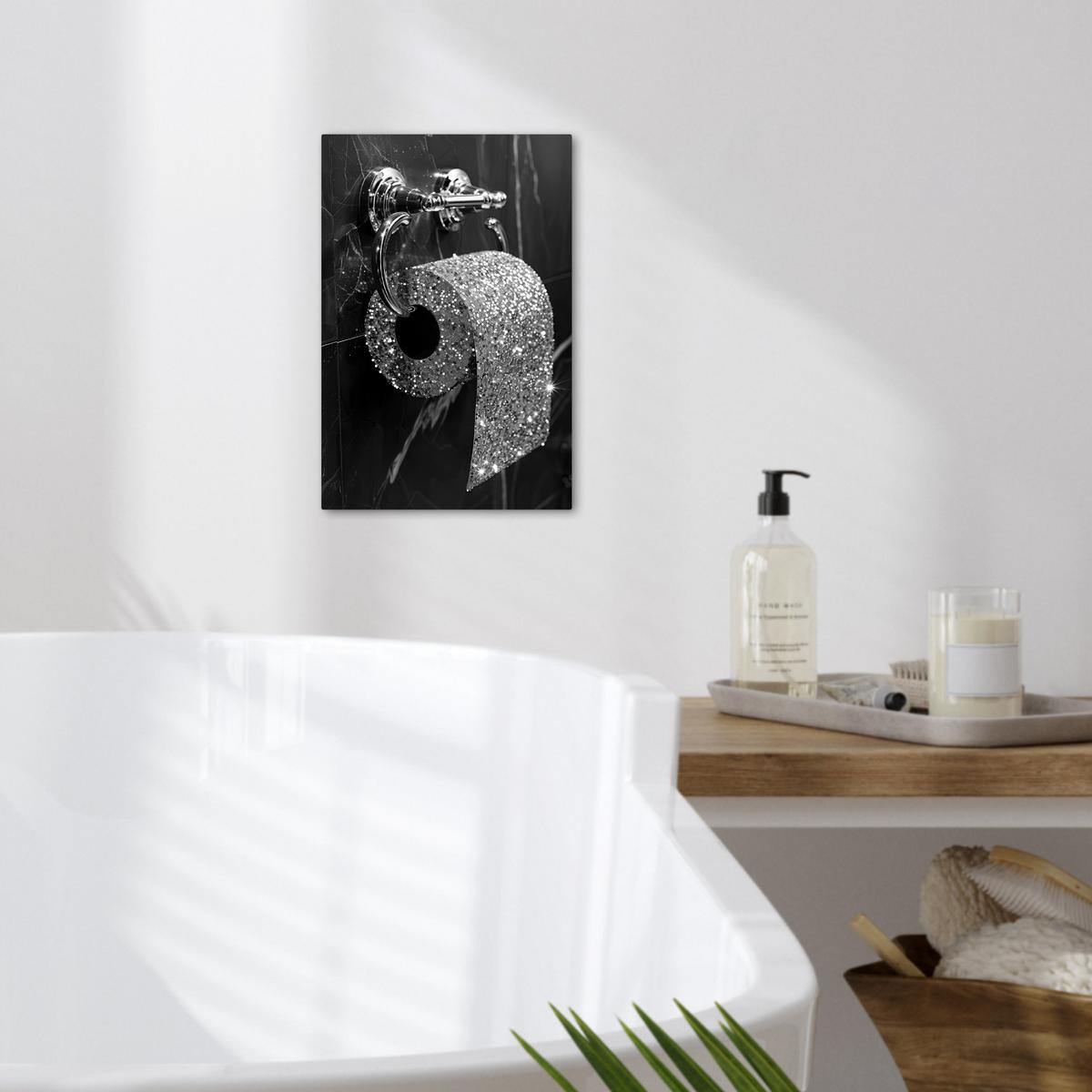 LEINWANDBILD WC - Toilettenpapier - Schwarz und weiß - Glitter Deko Wohnzimmer 20x30 cm - Silberfarben, Textil (20/30cm) - MuchoWow