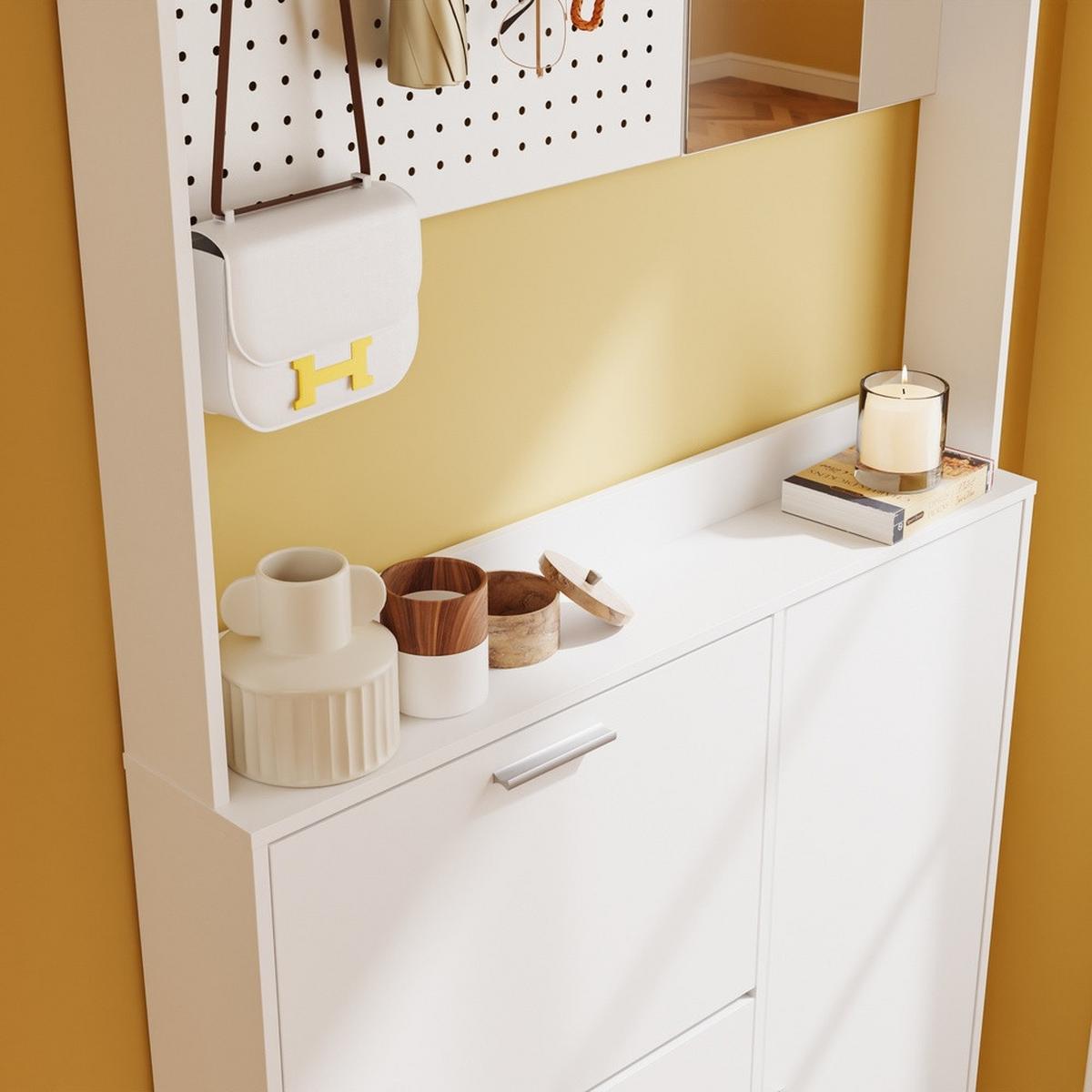 SCHUHSCHRANK mit Spiegel und Pegboard FSR233-W - Silberfarben/Weiß, Holzwerkstoff/Kunststoff (83/197/14cm) - SoBuy