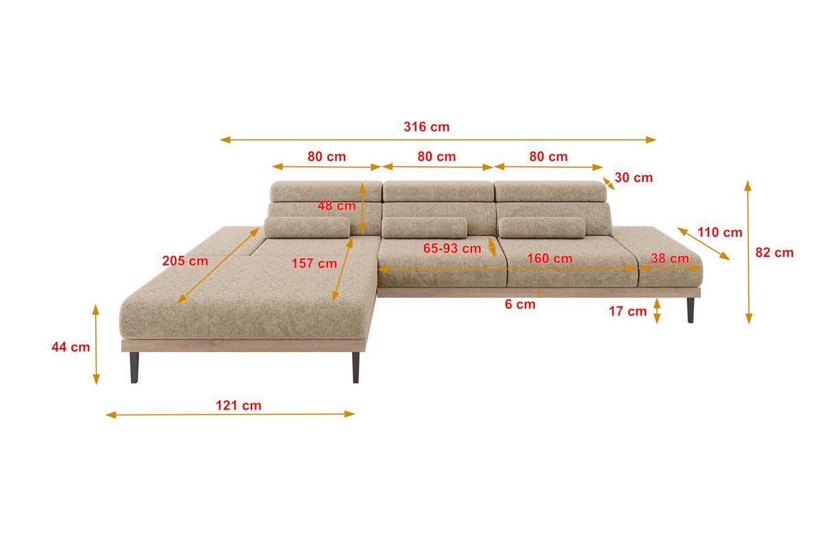 ELEKTRISCHES ECKSOFA Links MONA 316x205x85 Braun Velours - Braun, Holzwerkstoff/Textil (316/205cm) - ALTDECOR