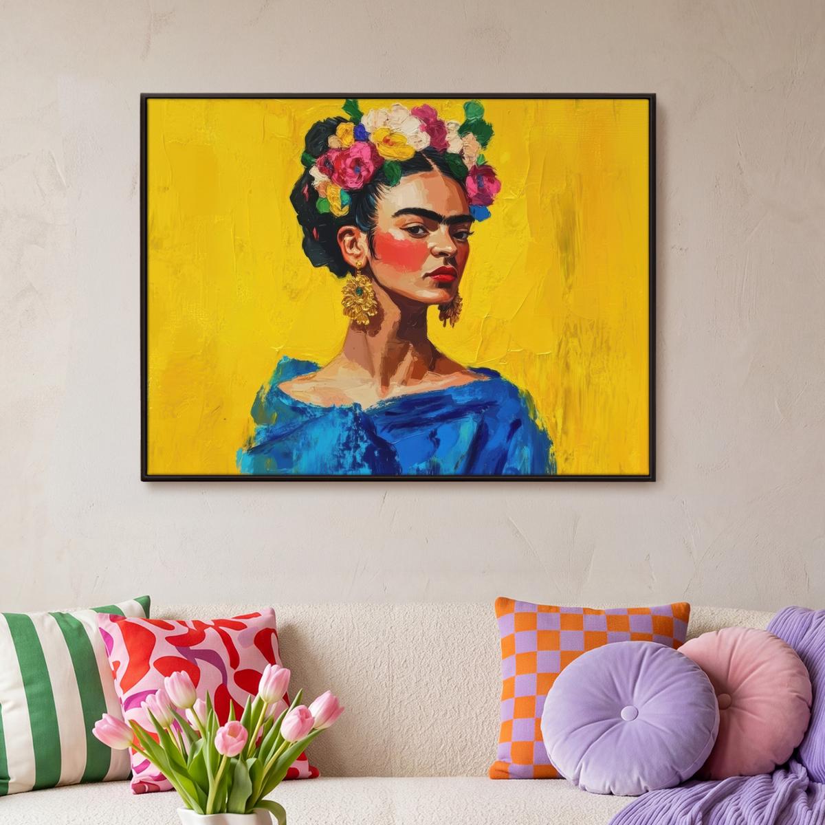 LEINWAND Bilder mit Rahmen - Frida Kahlo - Frau - Gelb - Blau - Blumen - 100x70 - Gelb, Textil (100/70cm) - MuchoWow