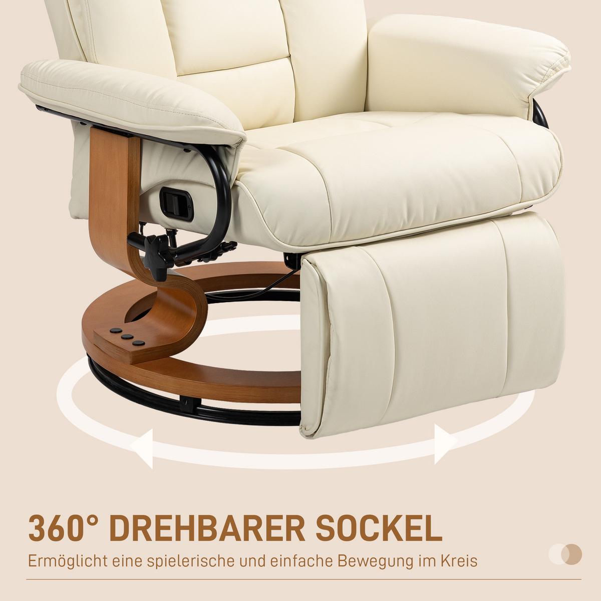 RELAXSESSEL Drehbar Fernsehsessel mit Liegefunktion, Fußstütze, Cremeweiß - Creme, Leder/Holzwerkstoff (88/103/78cm) - HOMCOM
