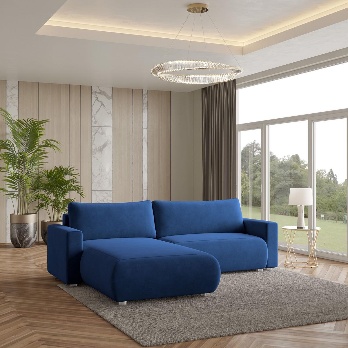 ECKSOFA TURIN M Blau Velours-Stoff mit Schlaffunktion - Blau/Grau, Holz/Kunststoff (265/183cm) - MASSENO