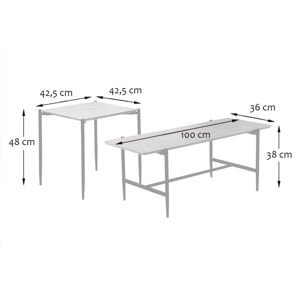 2ER-SET aus Holzdekor-Nestingtischen mit schwarzen Metallbeinen L100 cm - JESSIE - Eschefarben, Holzwerkstoff (47/40/38cm) - Calicosy