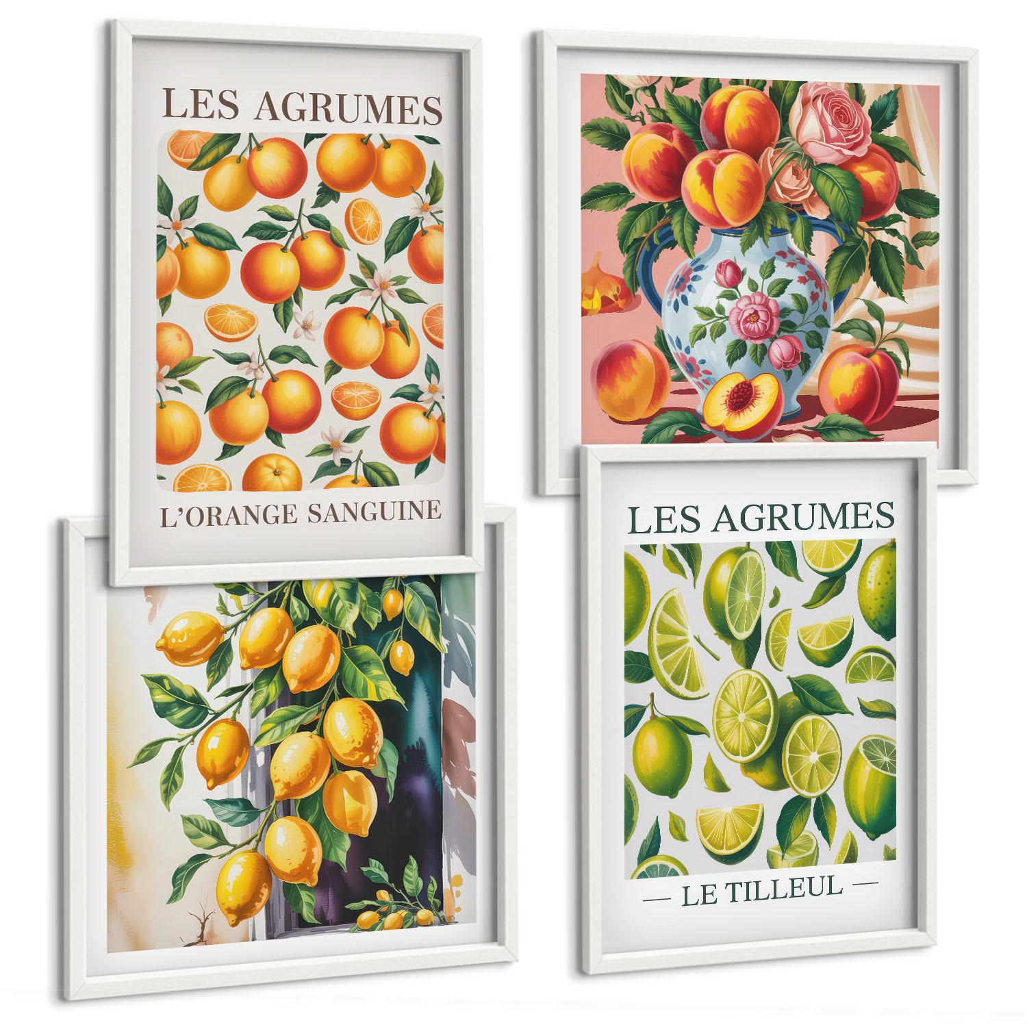 BILDER SET 4er Set - 50x50 cm & 40x60 cm Weißer Rahmen - Frische, farbenfrohe Zitrusfrüchte - Weiß, Kunststoff (50/50cm) - TULUP