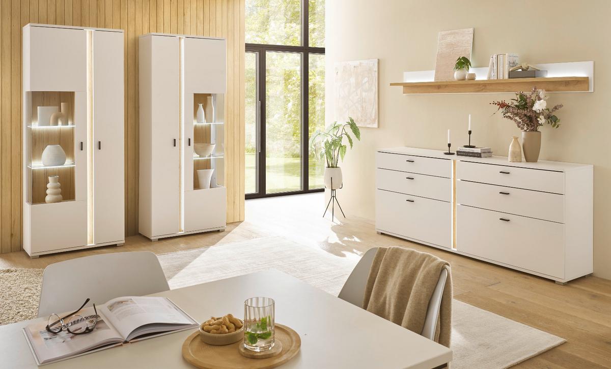 SIDEBOARD weiß matt, Eiche Wotan 200 cm, Kommode inklusive Frontbeleuchtung - Eiche Wotan/Silberfarben, Holzwerkstoff/Kunststoff (200/86/42cm) - Furn.Design