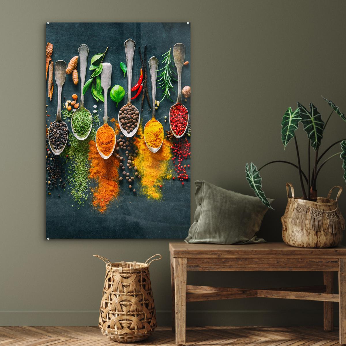 ACRYLGLASBILD Kräuter - Gewürze - Löffel 80x120 cm - Currygelb, Glas (80/120cm) - MuchoWow