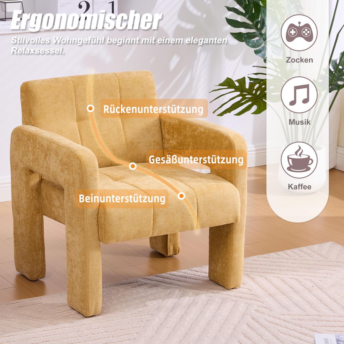 SESSEL Nordic Style aus Chenille mit ergonomischen Armlehnen - Gelb, Textil (67/74/69cm) - Urban Meuble