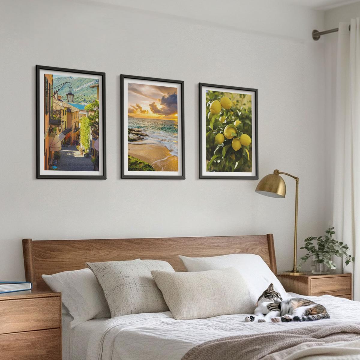 BILDER SET 3er Set - 40x60 cm Schwarzer Rahmen - Straßen, Meer, Strand, Zitrusbäume - Schwarz, Kunststoff (40/60cm) - TULUP