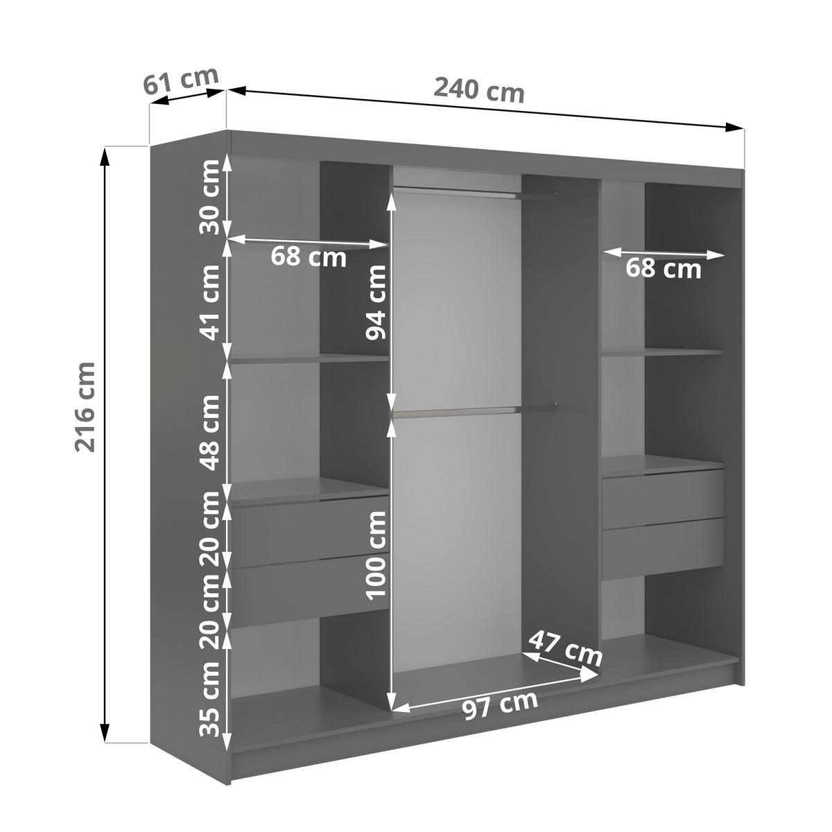 SCHWEBETÜRENSCHRANK mit Lamellen und Schubladen LUMOS - 240 - Grau und Weiß - Alufarben/Weiß, Holzwerkstoff/Metall (240/216/61cm) - MKS