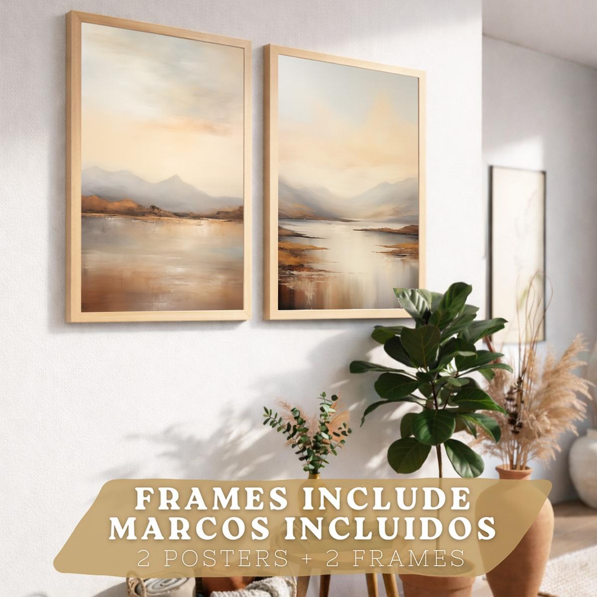 POSTER 2er-Set Wandbilder Sonnenaufgang modern Wohnzimmer Deko, Schlafzimmer, Küche, Badezimmer Leichter Holzrahmen A3 - Beige, Papier (29.7/1/42cm) - Nacnic