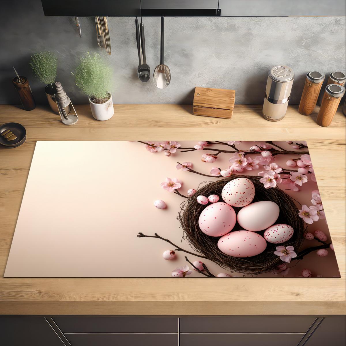 HERDABDECKPLATTE Rosa - Blüten - Eier Induktionsschutz 91.6x52.7 cm - Hellrosa, Kunststoff (91.6/52.7/0.2cm) - MuchoWow