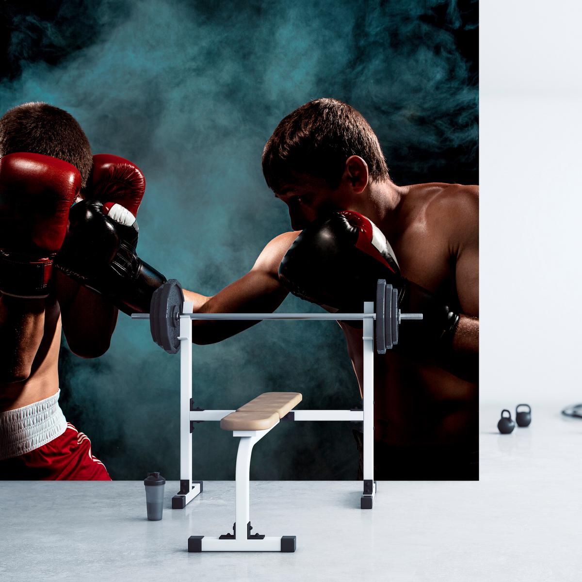 FOTOTAPETE für Jugendzimmer Boxer Männer Training Kampf Rauch 100x70 - Beige/Rot, Papier (100/70cm) - Muralo