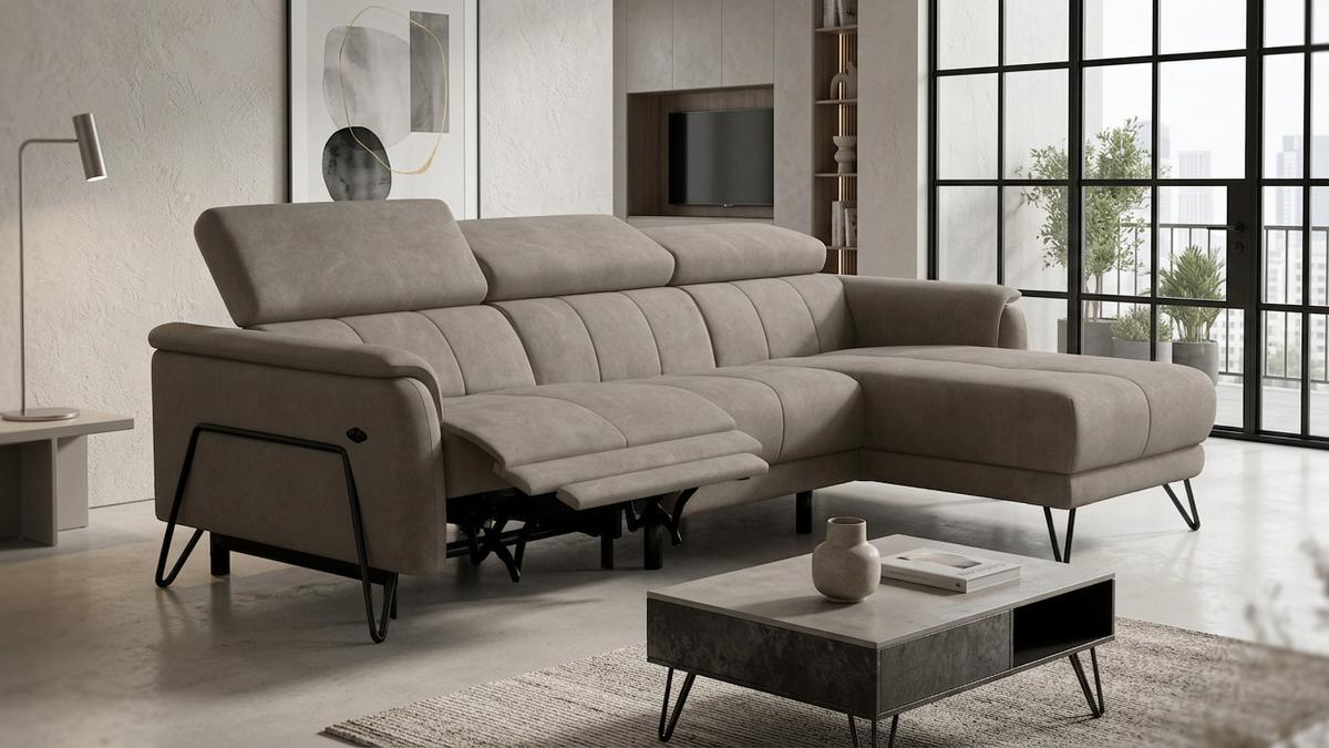 ECKSOFA RODEN 4-Sitzer mit Relax, beige, Veloursstoff - Beige, Holz/Textil (268/92cm) - Wozimo