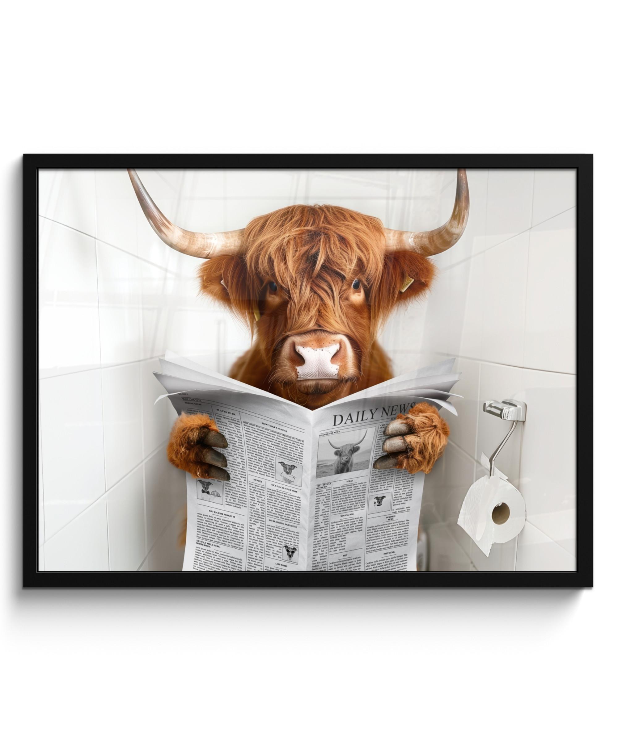 POSTER MIT RAHMEN Schottischer Highlander - Tier - Zeitung - Toilette 80x60 cm - Kastanienfarben, Papier (80/60cm) - MuchoWow