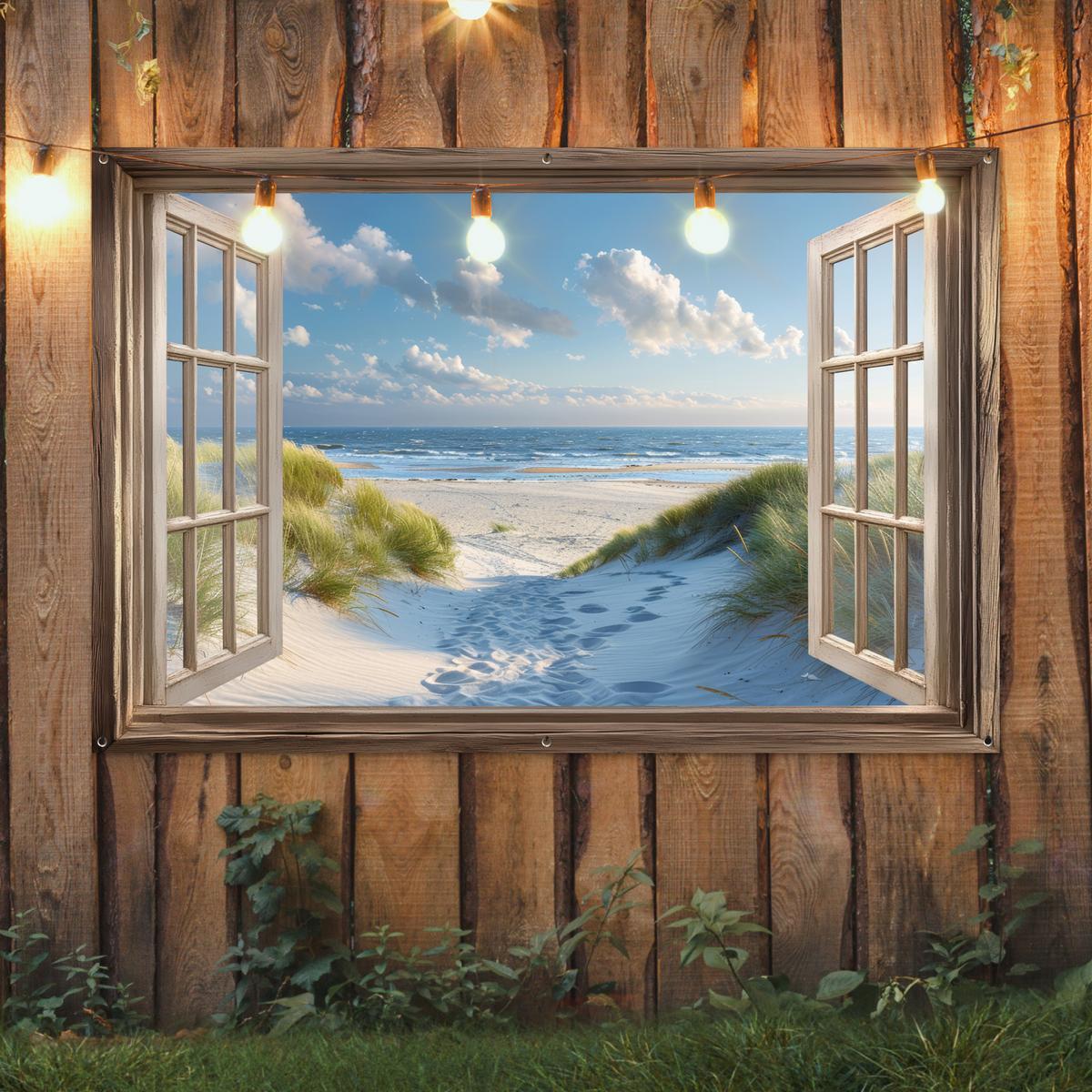 GARTENPOSTER Aussicht - Strand - Fenster - Dünen - Meer Poster für draußen 180x120 cm - Hellblau, Kunststoff (180/120/0.2cm) - OnlyWow