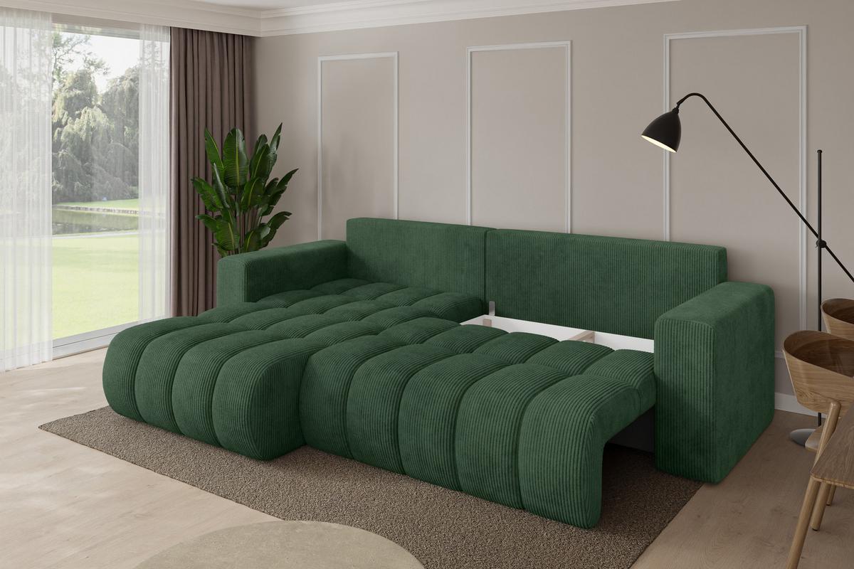 ECKSOFA mit Schlaffunktion Ottomane Links MILA-L-v1 277x195x86 Grün Cord - Dunkelgrün/Schwarz, Holzwerkstoff/Kunststoff (277/194cm) - ALTDECOR