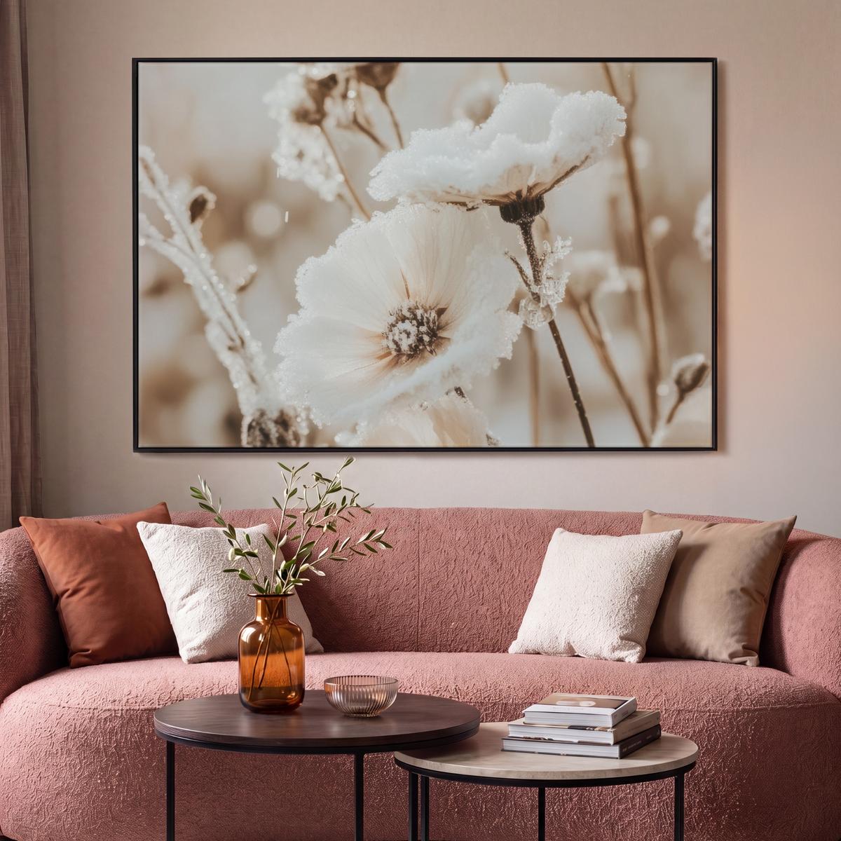 LEINWAND Bilder mit Rahmen - Blumen - Winter - Weiß - Schnee - Beige - 120x80 - Creme, Textil (120/80cm) - MuchoWow