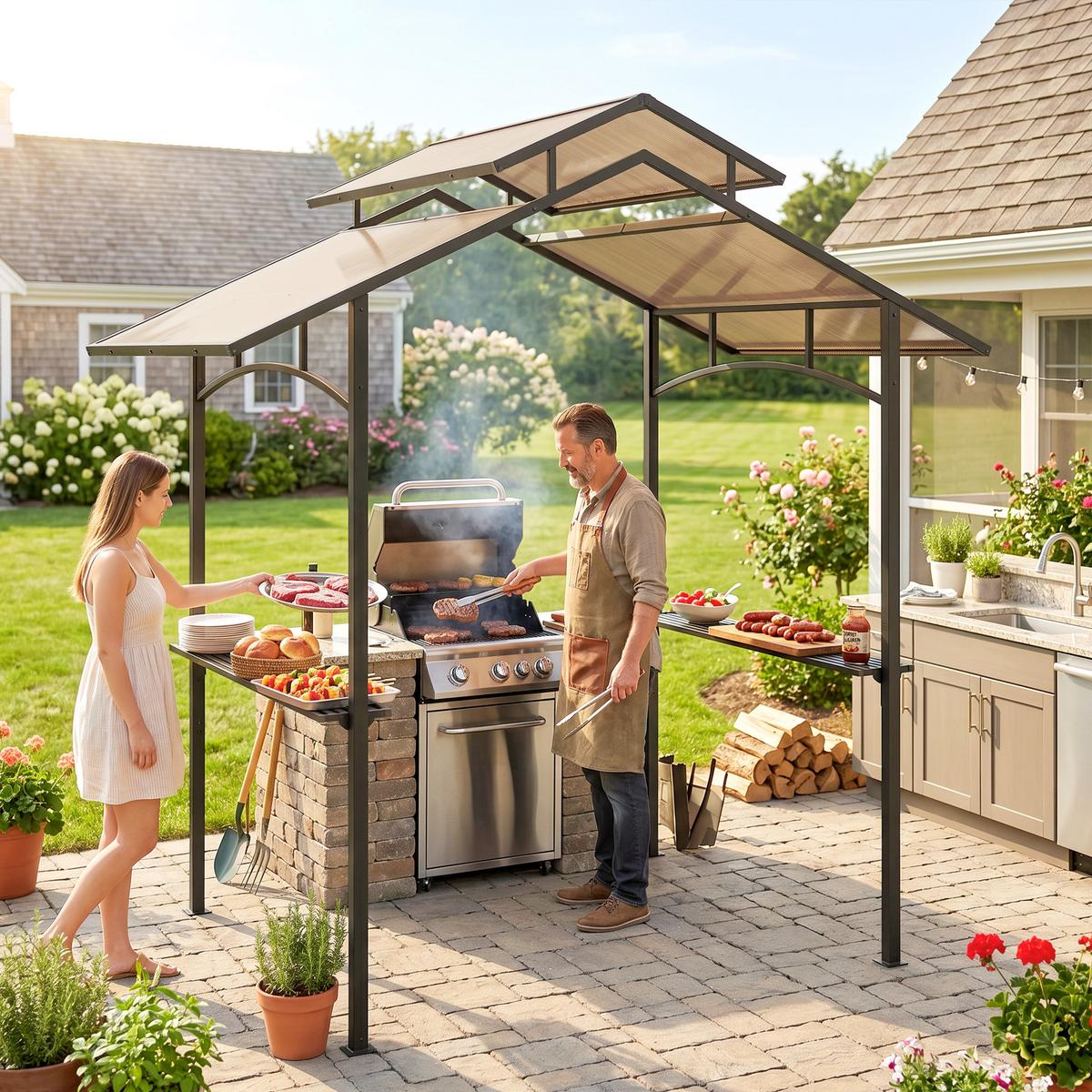 GRILLPAVILLON mit Flammschutzdach 2,5 x 1,5m BBQ-Pavillon mit 2 Ablagen Stahl PC - Schwarz, Metall (150/250/240cm) - Outsunny