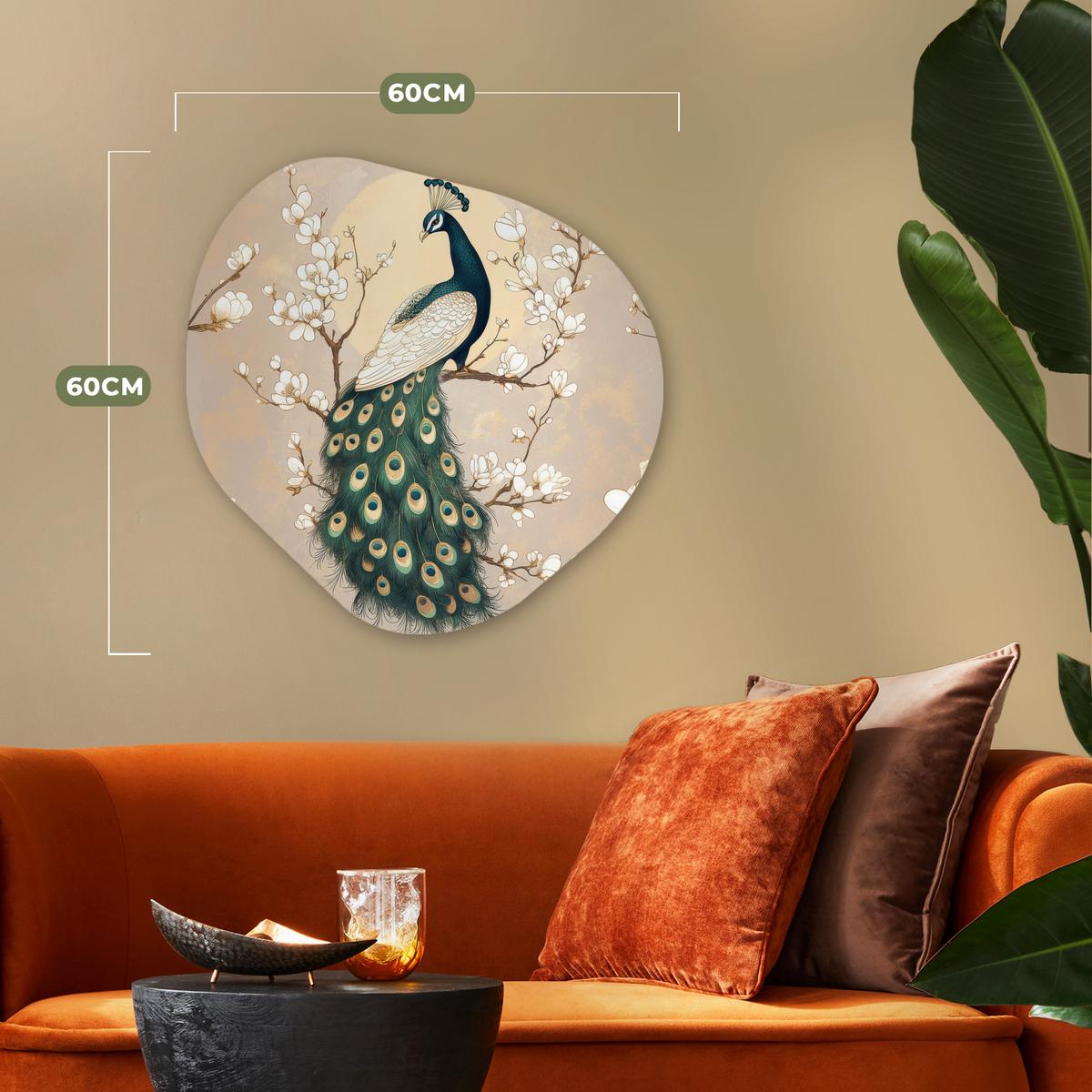 WANDBILD Pfau - Zweig - Blumen Wandbild 60x60 cm - Champagner, Kunststoff (60/60cm) - MuchoWow