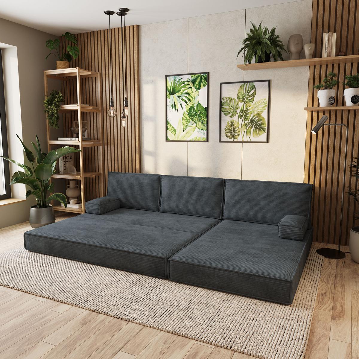 ECKSOFA ANKO modulares Boneless Sofa mit Schlaffunktion Grau Kordstoff - Dunkelgrau, Textil (270/160cm) - MASSENO
