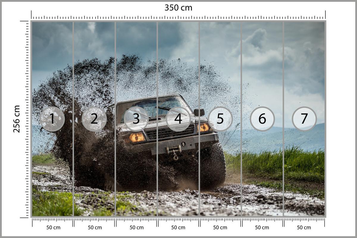 FOTOTAPETE für Jugendzimmer Jeep Schlammiges Bergterrain 350x256 - Schwarz/Braun, Papier (350/256cm) - Muralo