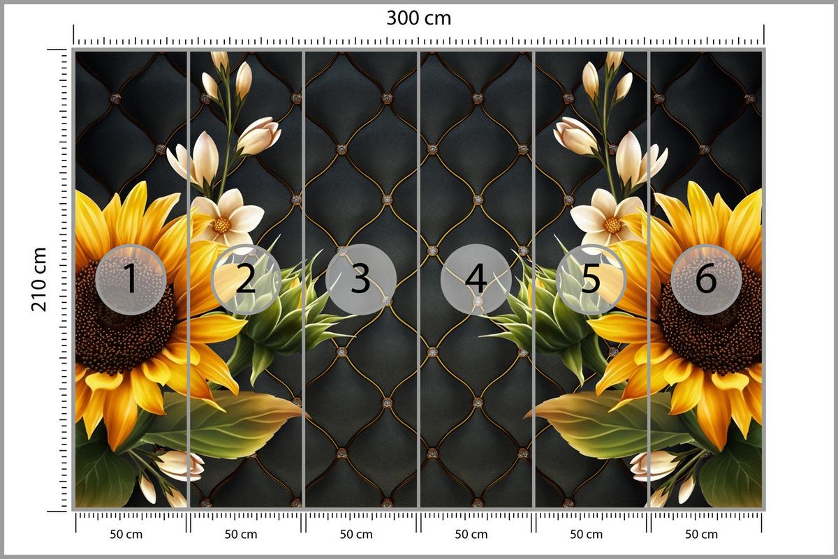 FOTOTAPETE für Küche Blume Sonnenblumen auf gestepptem Hintergrund 300x210 - Gelb/Schwarz, Papier (300/210cm) - Muralo