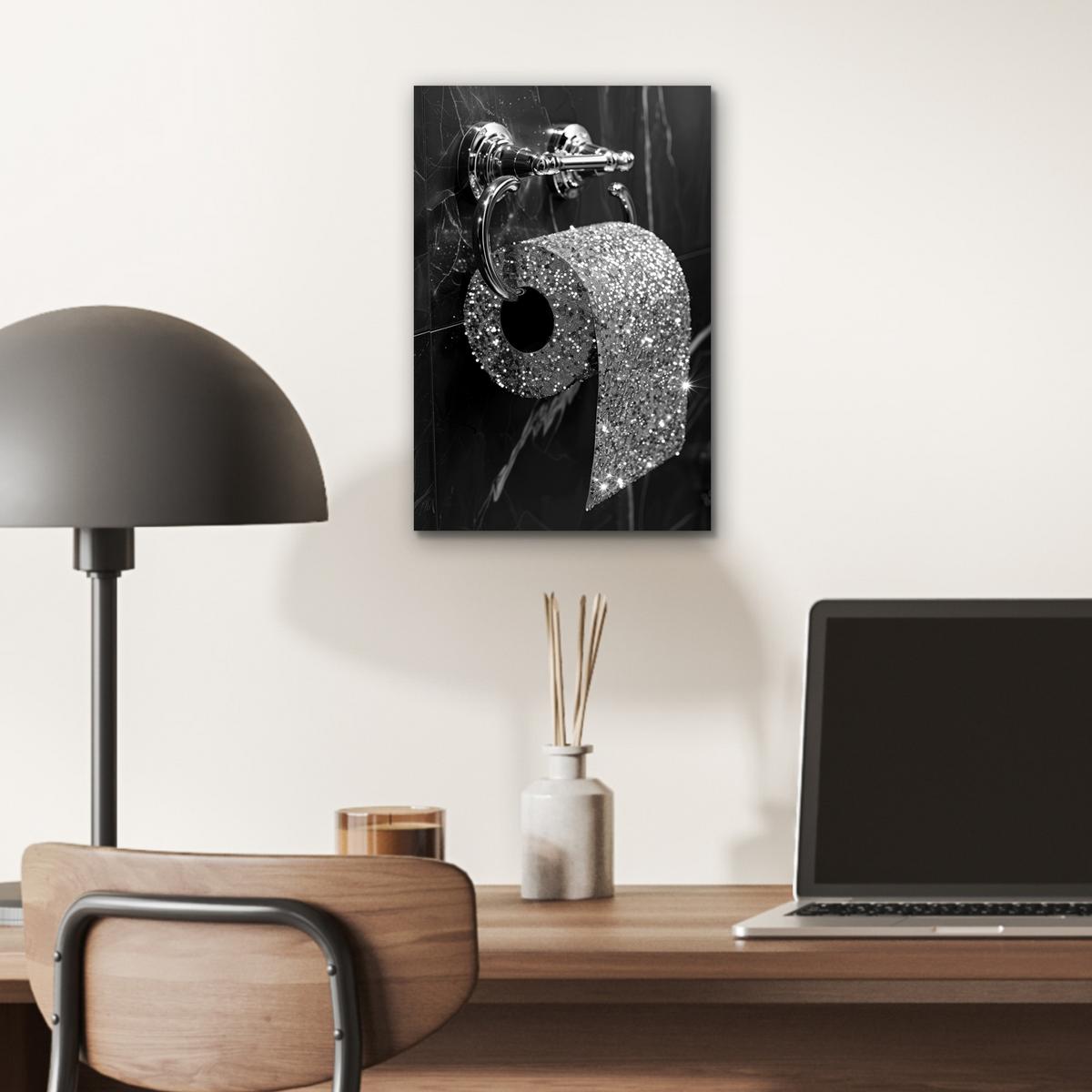 METALLBILD WC - Toilettenpapier - Schwarz und weiß - Glitter 20x30 cm - Silberfarben, Metall (20/30cm) - MuchoWow