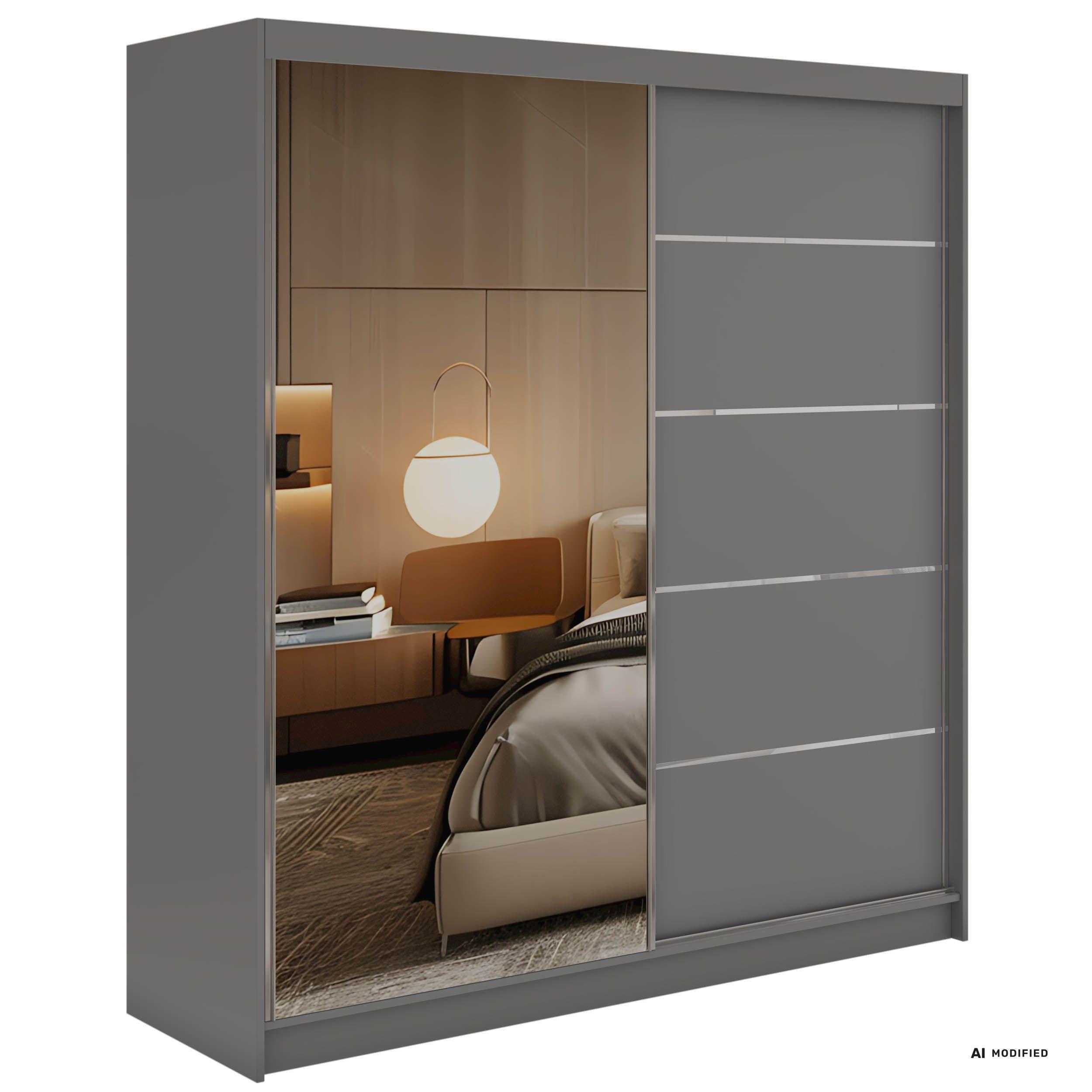 SCHWEBETÜRENSCHRANK mit Schubladen 200 - SKORIA - Grau mit Spiegel - Alufarben/Grau, Holzwerkstoff/Metall (200/216/61cm) - MKS
