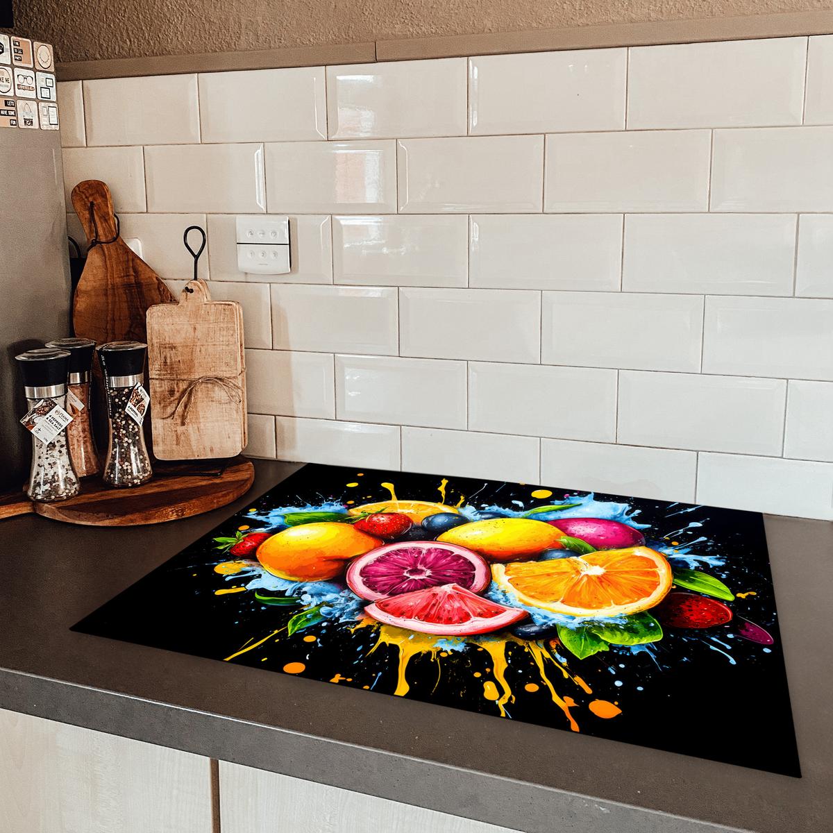 HERDABDECKPLATTE Obst - Graffiti - Bunt - Orange - Erdbeere - Abstrakt Induktionsmatte 71x52 cm - Orange, Kunststoff (71/52/0.2cm) - MuchoWow