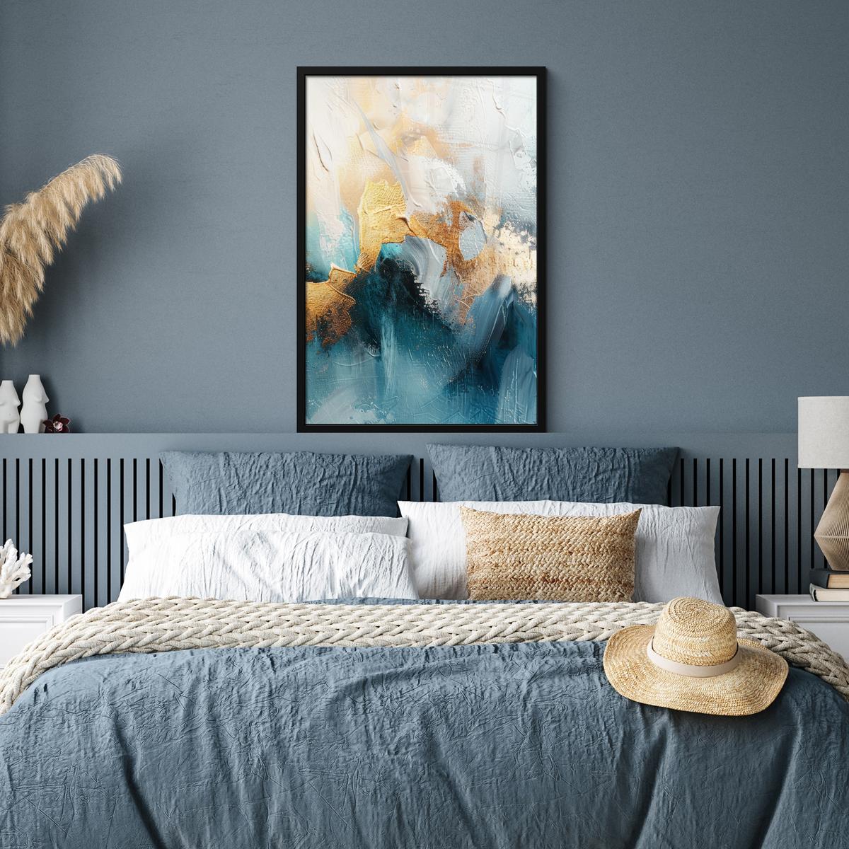 POSTER MIT RAHMENGERAHMTES BILD Abstrakt - Kunst - Gold - Blau 60x90 cm - Petrol, Papier (60/90cm) - MuchoWow