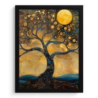 POSTER MIT RAHMEN Baum - Mond - Blumen - Gold - Kunst Bilderrahmen 30x40 cm - Orange, Papier (30/40cm) - MuchoWow