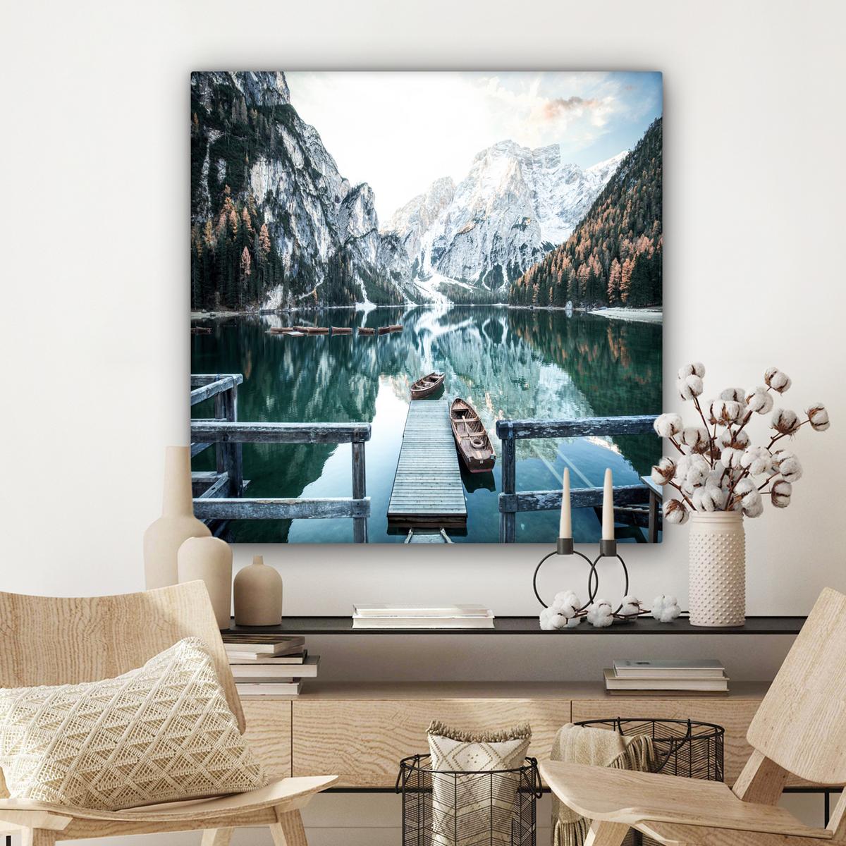 LEINWANDBILD Natur - Berge - Schnee - Wald - Boot Deko Groß 90x90 cm - Hellgrün, Textil (90/90cm) - MuchoWow