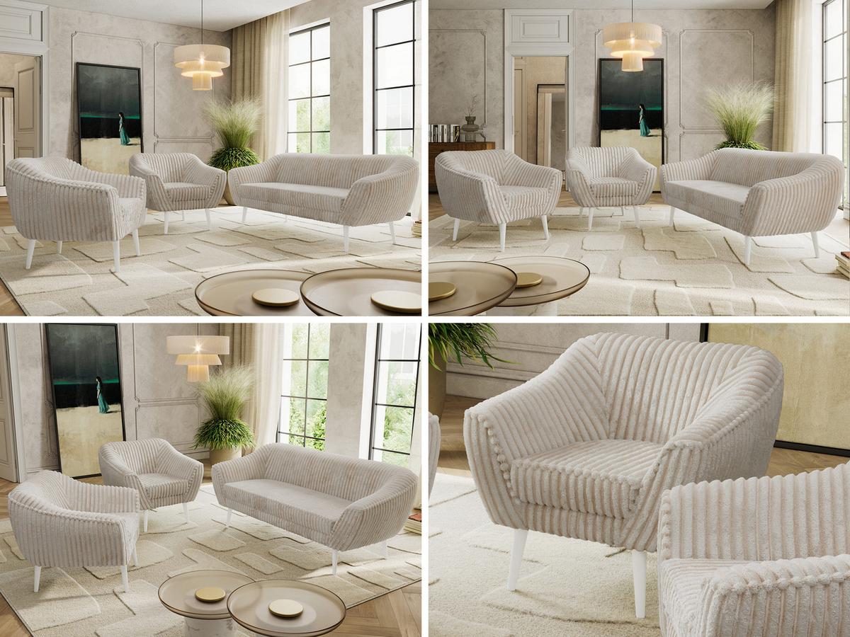 SITZGARNITUR PIRS 3+1+1 - Beige Cord - Weiße Beine - Beige/Creme, Holzwerkstoff/Textil (180/75/74cm) - MKS