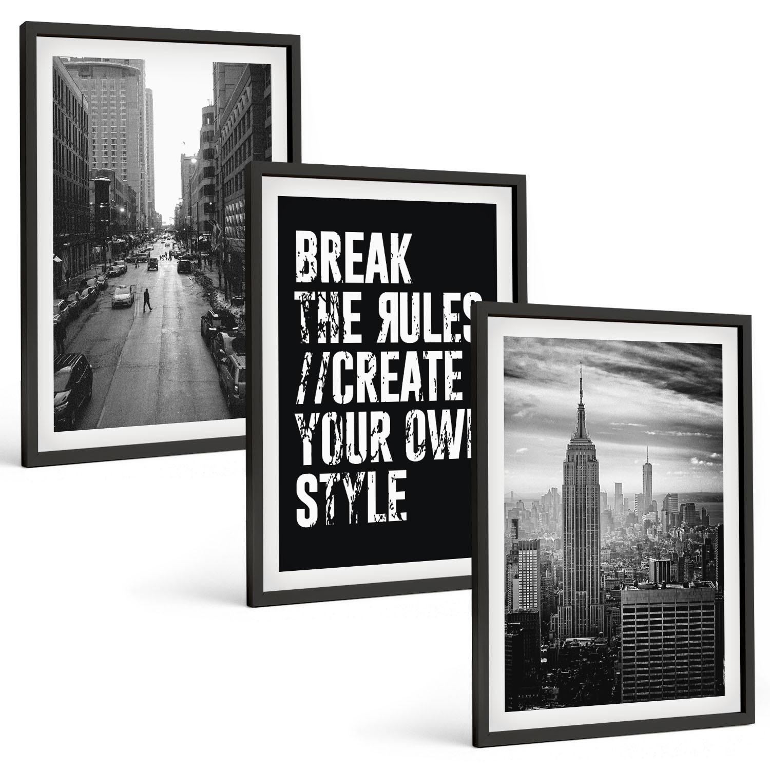 BILDER SET 3er Set - 40x60 cm Schwarzer Rahmen - Inspiration für Schwarz-Weiß-Darstellungen von Stadtstraßen - Schwarz, Kunststoff (40/60cm) - TULUP